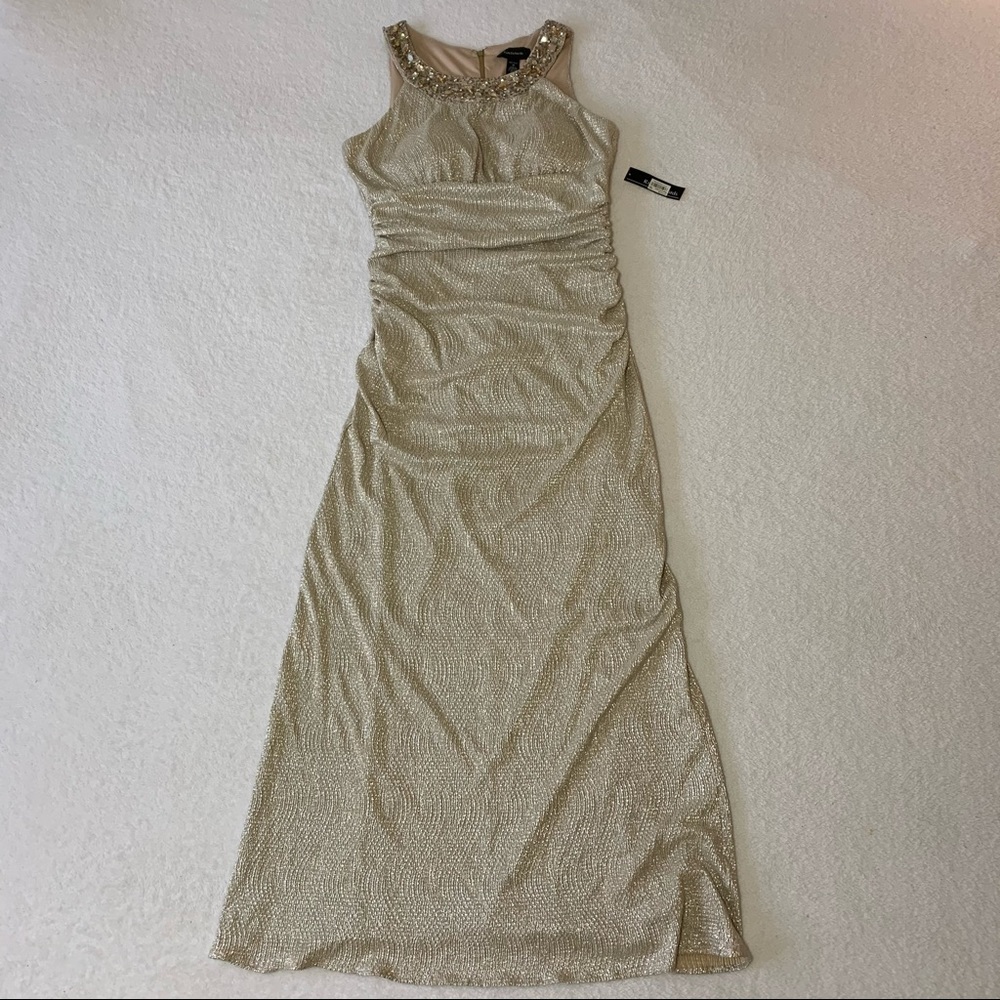 NWT R&M Richards Metallic Champagne Formal  Dress / Gown Halter Beaded Neckline